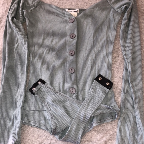 Slate Blue/grey Off Shoulder Long-sleeve Bodysuit - Picture 2 of 3